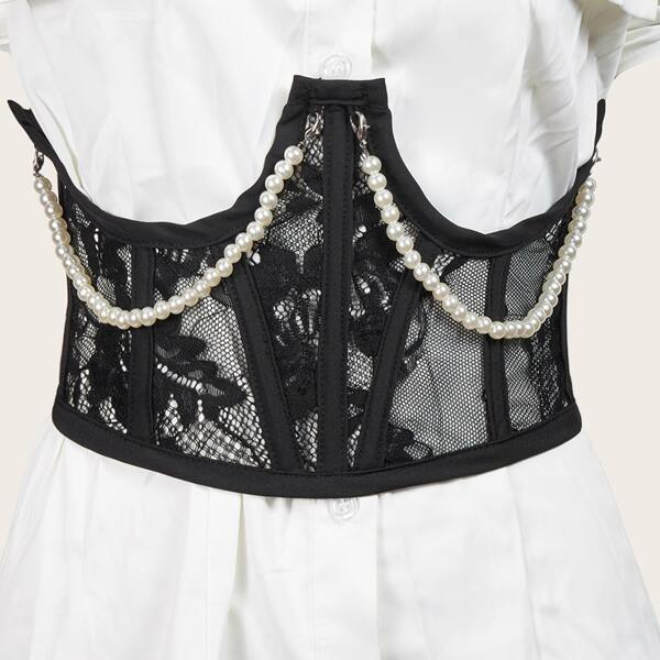 

Faux Pearl Decor Corset Belt, Black