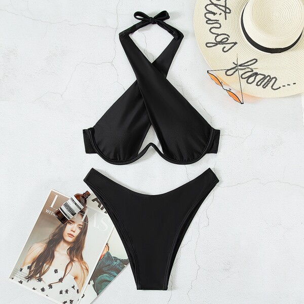 

Cross Halter Push Up Bikini Swimsuit, Black