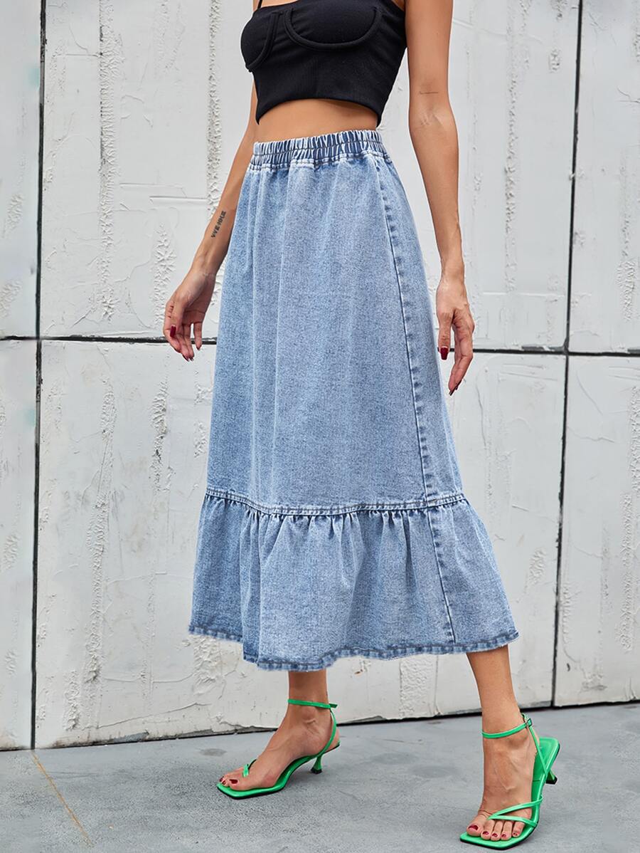 Falda en mezclilla de talle alto bajo con fruncido - Lavado ligero - Ver 1