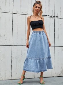 Falda en mezclilla de talle alto bajo con fruncido - Lavado ligero - Ver 3