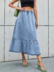 Falda en mezclilla de talle alto bajo con fruncido - Lavado ligero - Ver 4