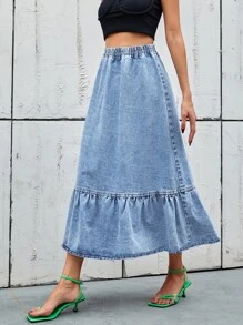 Falda en mezclilla de talle alto bajo con fruncido - Lavado ligero - Ver 6