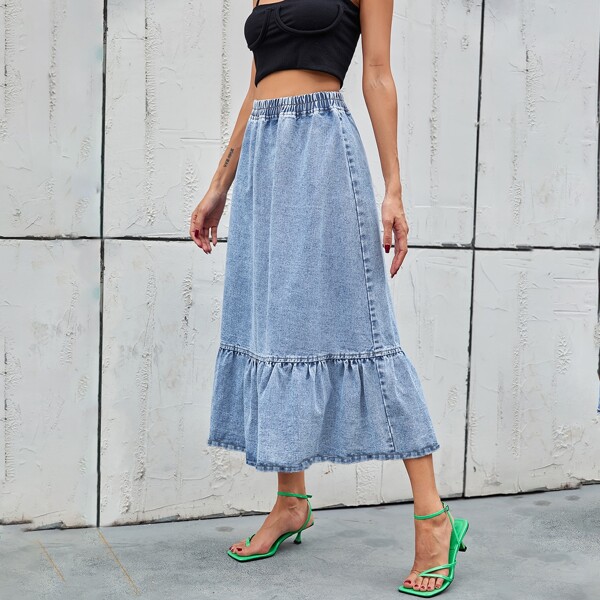 

High Waisted Ruffle Hem Denim Skirt, Light wash