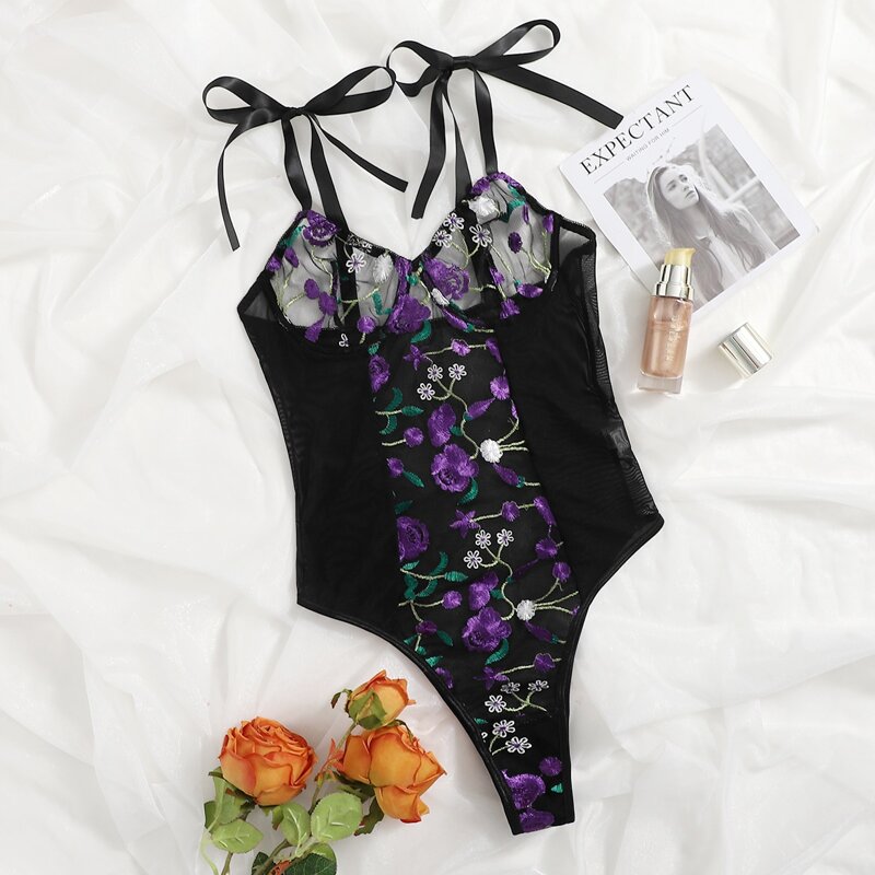 

Floral Embroidered Mesh Underwire Teddy Bodysuit, Black