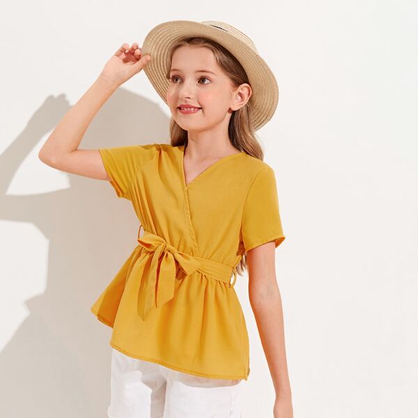 

Girls Surplice Neck Belted Peplum Top, Yellow