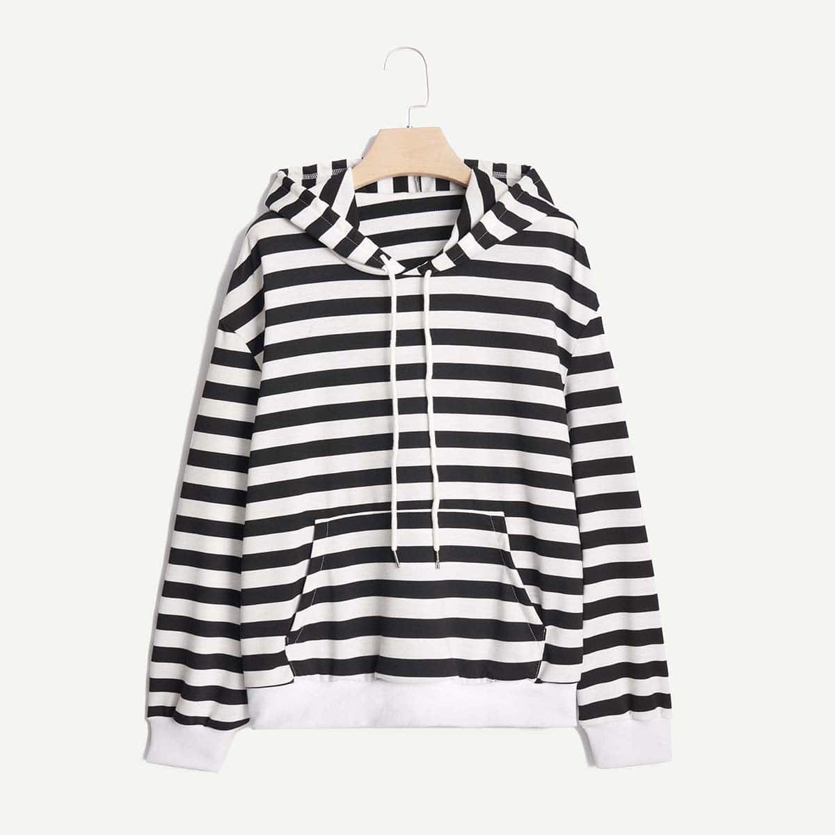 

Striped Drawstring Kangaroo Pocket Hoodie, Black and white