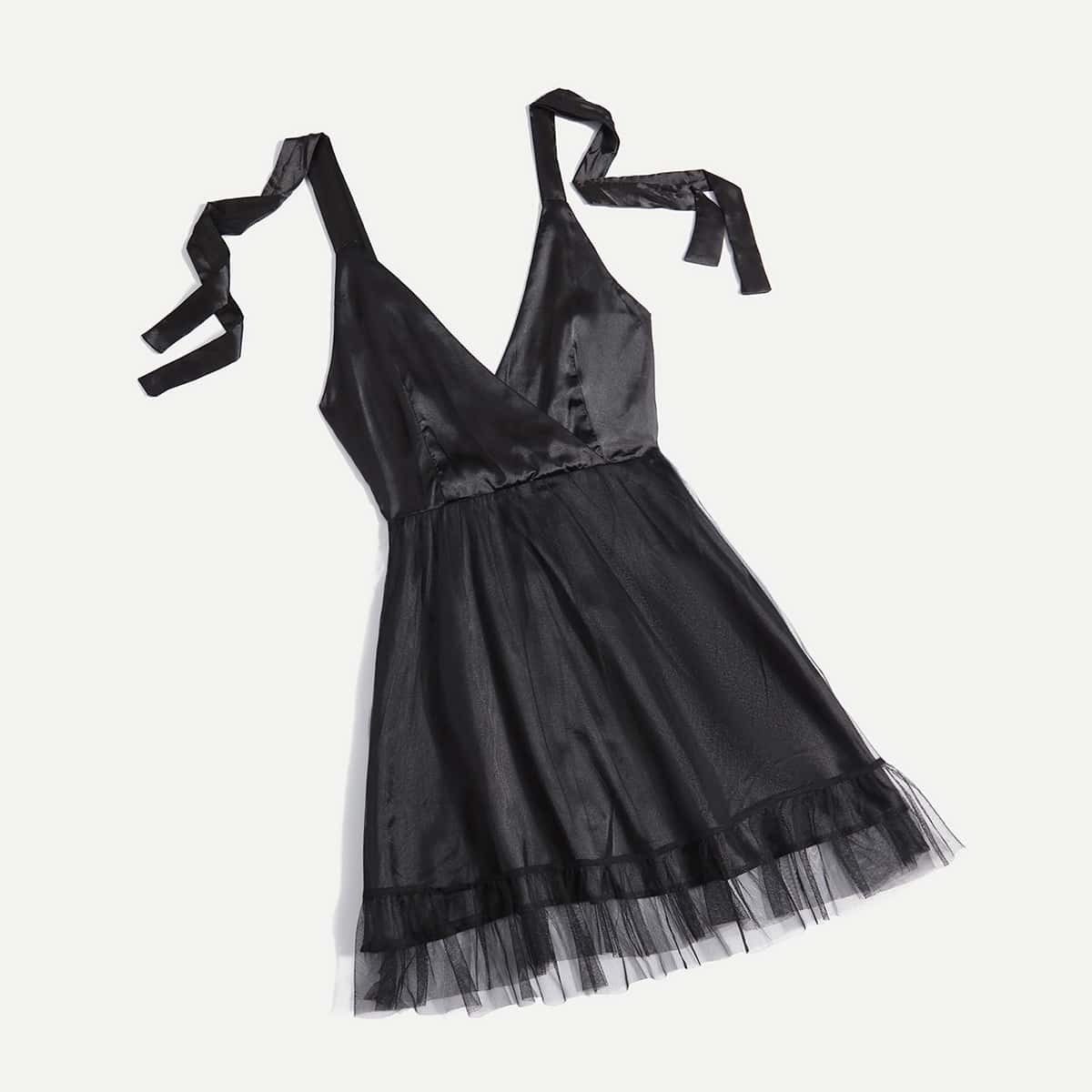 

Solid Knot Strap A Line Dress, Black