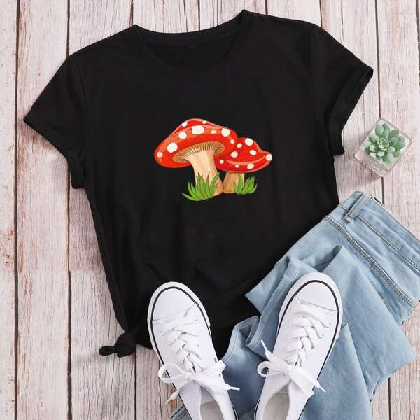 

Mushroom Print Short Sleeve Tee, Black