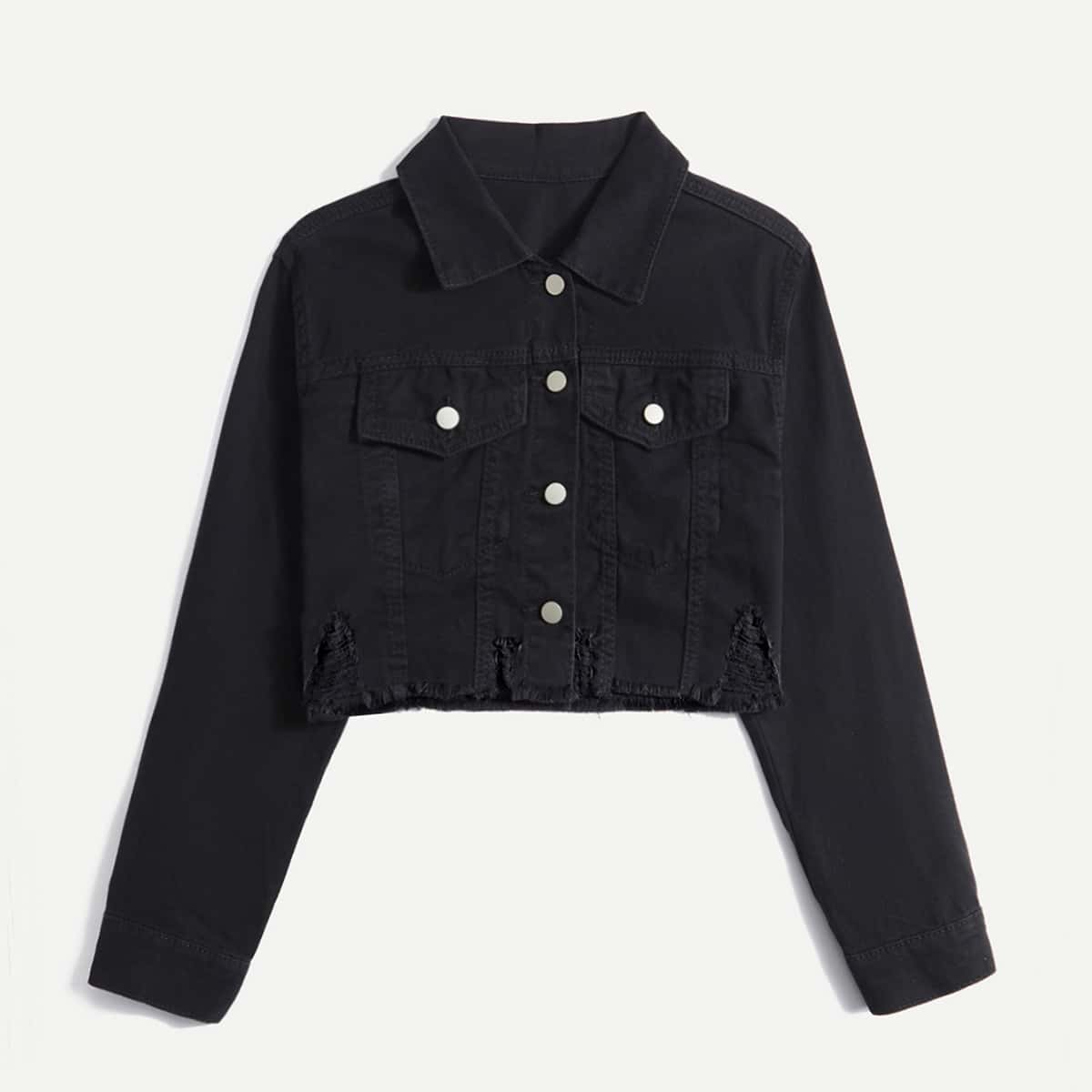 

Distressed Button Front Pocket Denim Jacket, Black