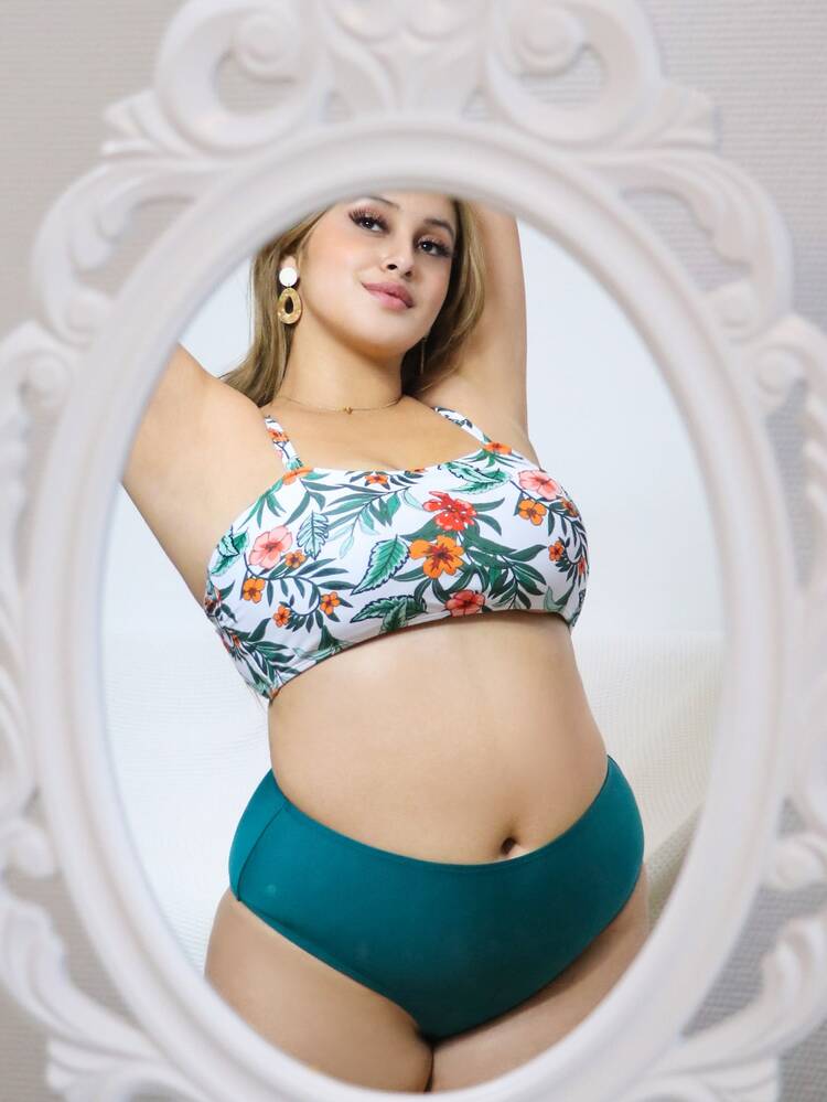 Plus Size Tropical Print High Waisted Bikini Set Summer Beach - Multicolor - View 1