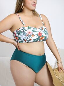 Plus Size Tropical Print High Waisted Bikini Set Summer Beach - Multicolor - View 3