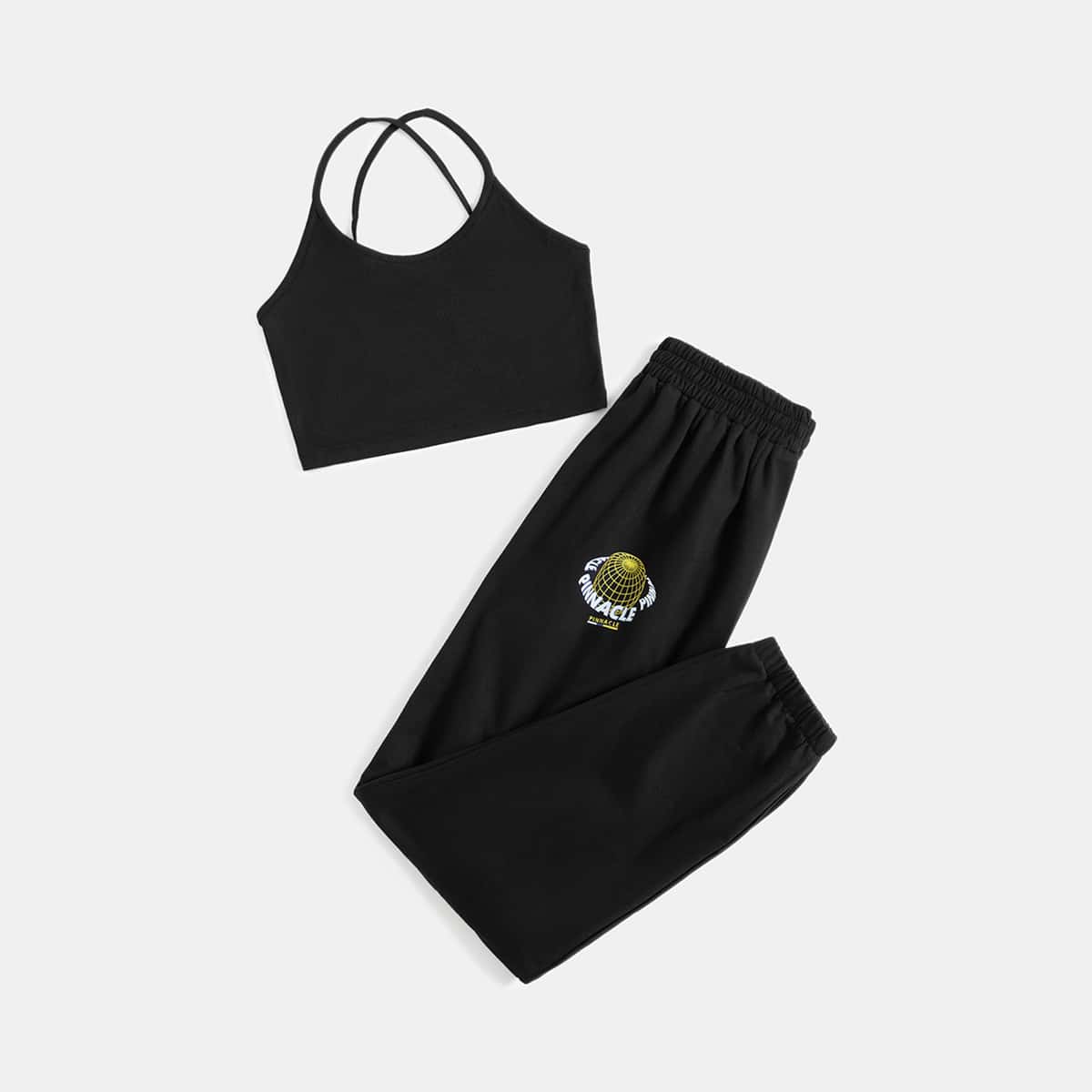 

Solid Crop Cami & Letter Graphic Sweatpants, Black