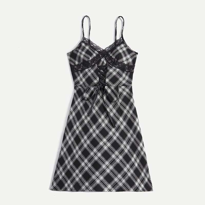 

Plaid Contrast Lace Cami Dress, Black and white