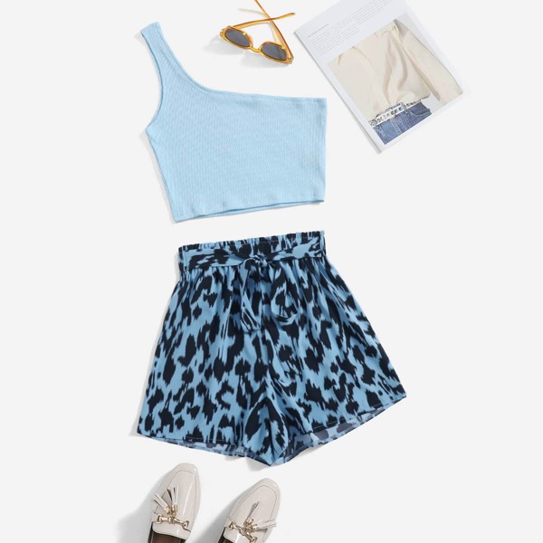 

Plus One Shoulder Crop Top With Tie Front Shorts, Blue