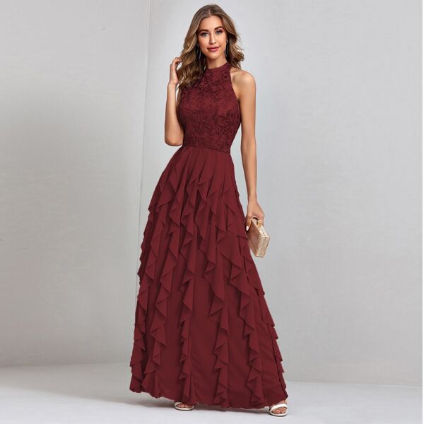 

Contrast Mesh Embroidered Ruffle Backless A-line Dress, Burgundy