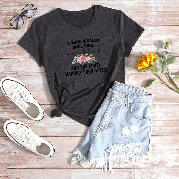 

Flower And Slogan Graphic Tee, Dark grey
