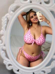 Plus Size Allover Heart Print Tie Side Bikini Set Summer Beach - Baby Pink - View 1
