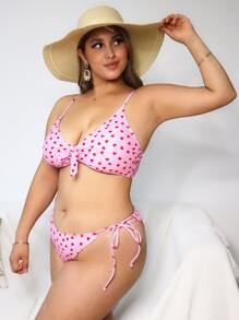 Plus Size Allover Heart Print Tie Side Bikini Set Summer Beach - Baby Pink - View 4