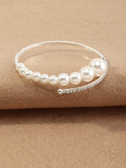 1pc Fresh & Elegant Diamond Inlaid Faux Pearl Open Ended Adjustable Bracelet