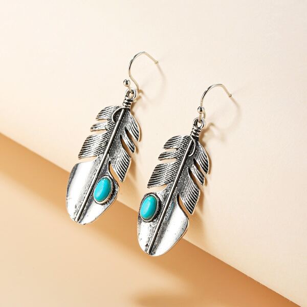 

Stone Decor Feather Design Drop Earrings, Silver