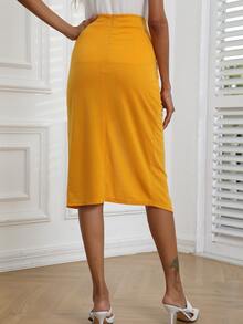 SHEIN Privé Váy Trọn gói Thắt nơ trước màu trơn Giải trí - Màu Mù tạt vàng - Xem 2