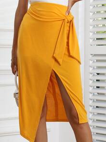 SHEIN Privé Váy Trọn gói Thắt nơ trước màu trơn Giải trí - Màu Mù tạt vàng - Xem 3