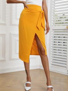 SHEIN Privé Váy Trọn gói Thắt nơ trước màu trơn Giải trí - Màu Mù tạt vàng - Xem 5