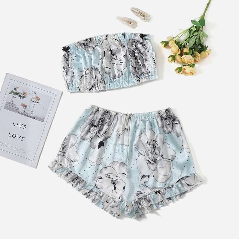 

Ruffle Trim Floral Print Bandeau Top & Shorts PJ Set, Multicolor