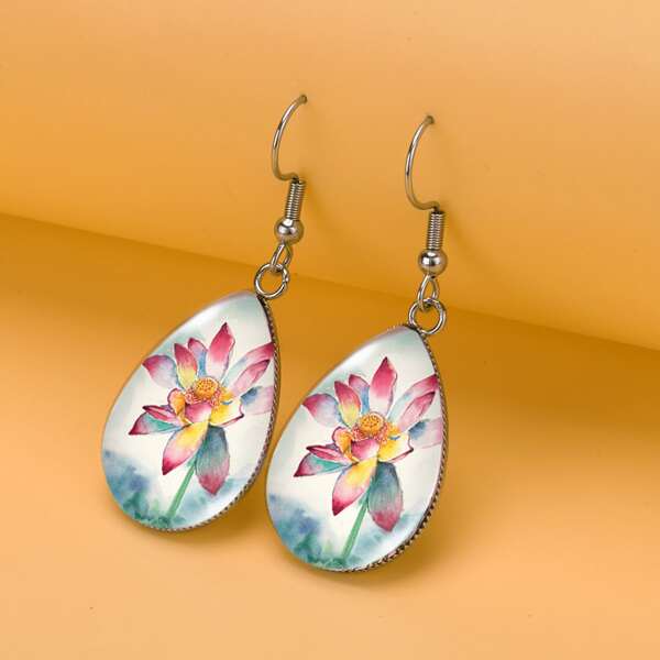 

Floral Print Water Drop Earrings, Silver