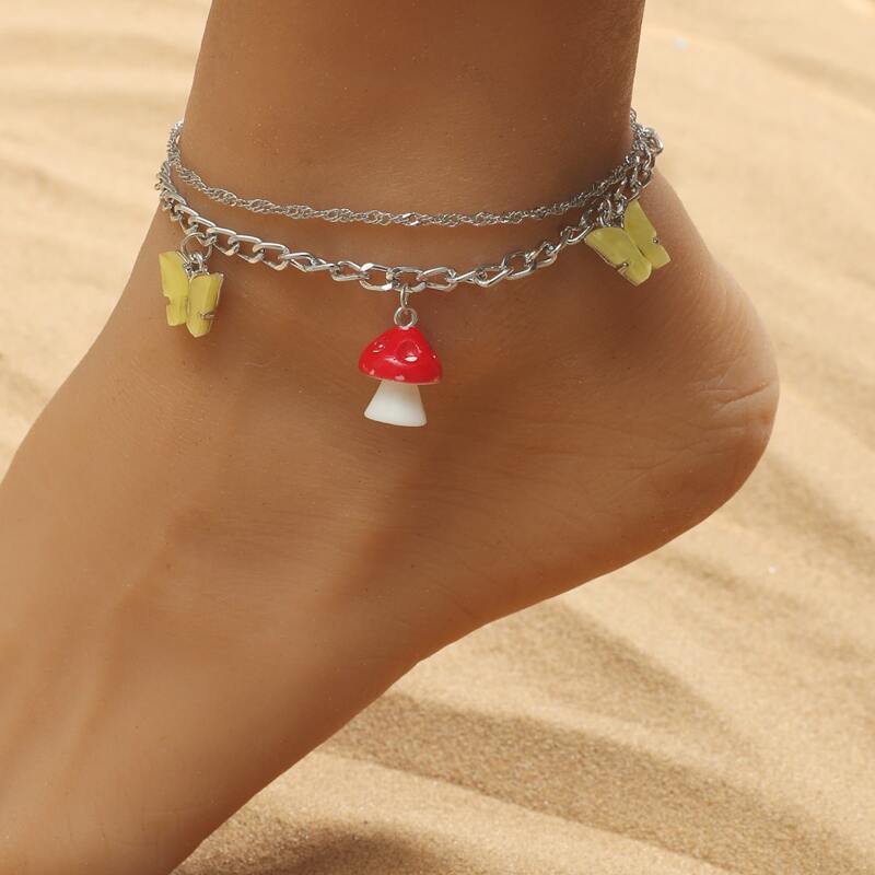 

Mushroom Charm Chain Anklet, Silver