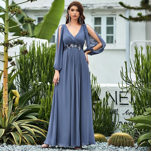 

Split Sleeve Appliques Detail Prom Dress, Dusty blue