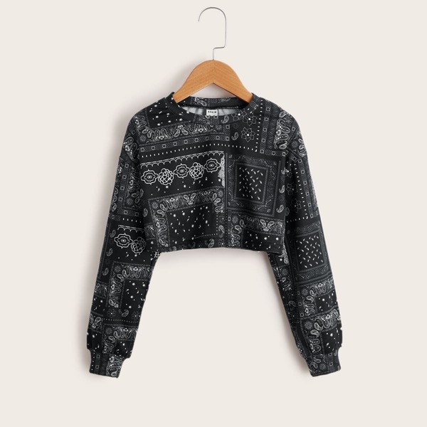 

Girls Paisley Scarf Drop Shoulder Pullover, Black