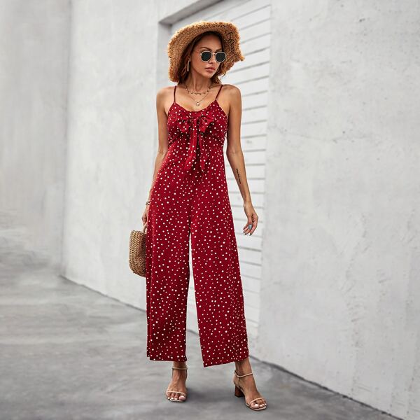 

Polka Dot Bow Front Cami Jumpsuit, Burgundy
