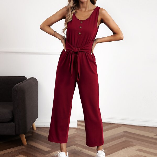

Button Tie Front Tank Jumpsuit, Burgundy