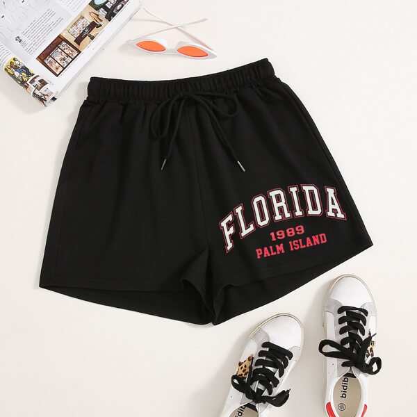 

Letter Graphic Drawstring Detail Track Shorts, Black