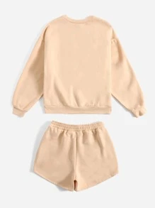 Muchica 字母圖案落肩袖套頭衫和短褲 - 杏色 - 查看 2