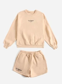 Muchica 字母圖案落肩袖套頭衫和短褲 - 杏色 - 查看 3