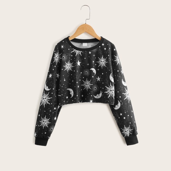 

Girls Galaxy Print Drop Shoulder Crop Sweatshirt, Black