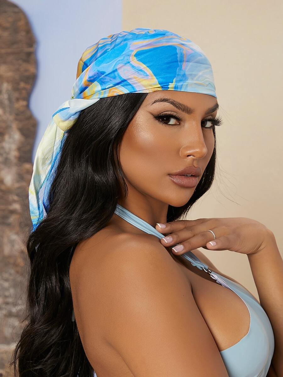 Graphic Print Skinny Scarf - Blue - View 1