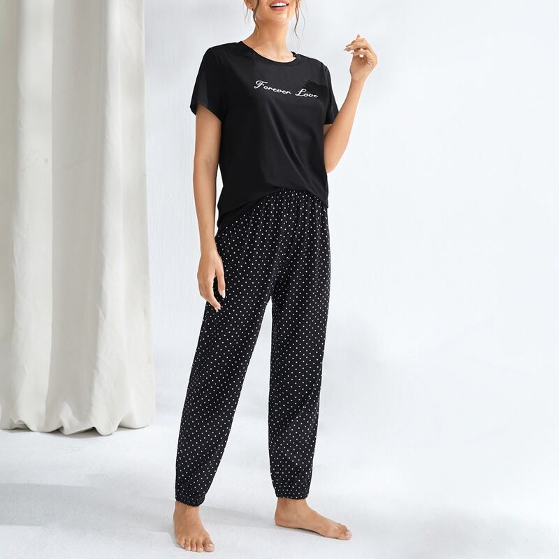 

Letter & Polka Dot Print PJ Set, Black