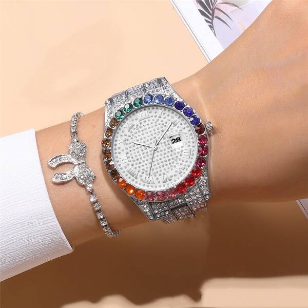

1pc Rhinestone Decor Quartz Watch & 1pc Bracelet