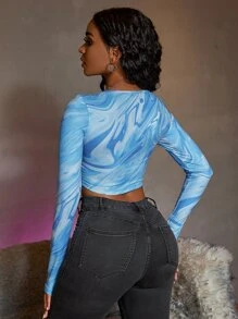 SHEIN SXY Marble Print Drawstring Crop Top - Blue - View 2
