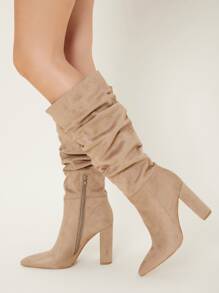 Faux Leather High Block Heel Slouch Boots - Apricot - View 2