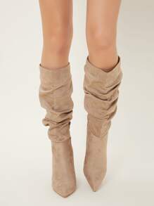 Faux Leather High Block Heel Slouch Boots - Apricot - View 4