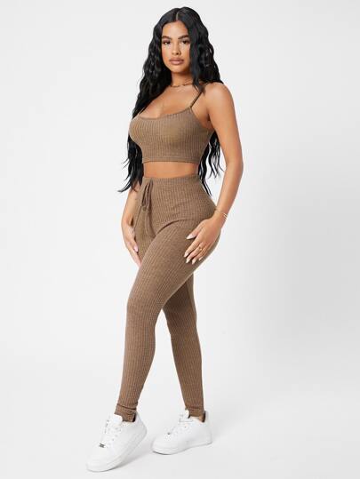 SHEIN PETITE Waffle Knit Cami Top And Leggings Set ,Petite Women