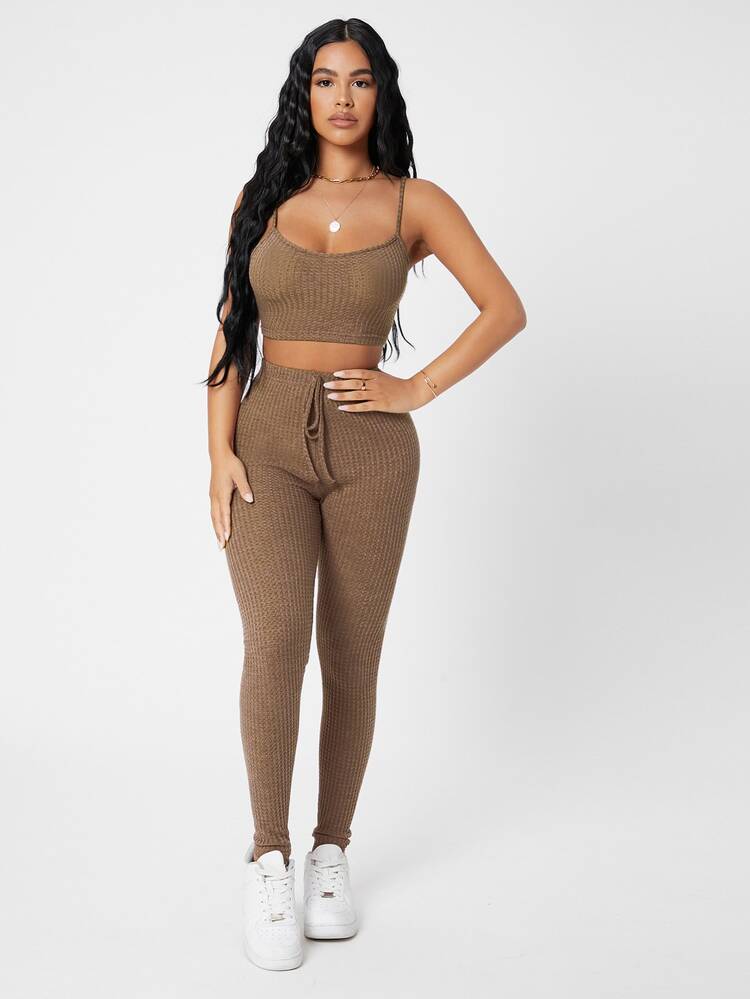 SHEIN PETITE Waffle Knit Cami Top And Leggings Set - Mocha Brown - View 3