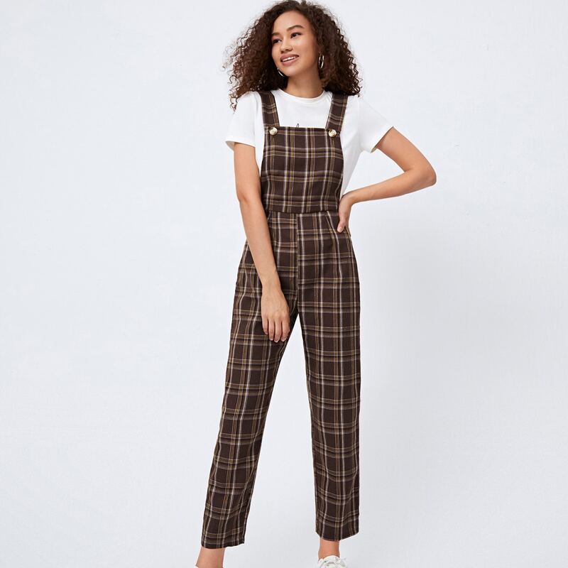 

Plaid Overall Jumpsuit, Brown