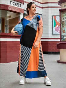 SHEIN 大碼波卡圓點撞色直筒連衣裙 - 彩色 - 查看 1