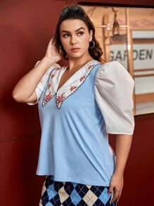 Mulvari Plus Peter-pan Collar Colourblock Puff Sleeve Top & Argyle Print Skirt - Multicolor - View 3