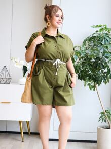 Jumpsuits Plus Size Nút phía trước màu trơn Giải trí - xanh quân đội - Xem 1